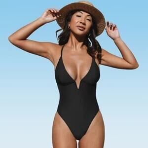Cupshe One Piece Deep V-Wire Cross Back Cheeky Swimsuit NWT Large Black Swim